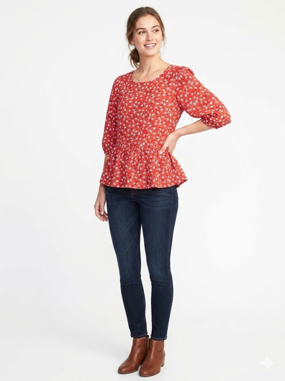 W5 NWOT Reddish Orange Floral Peplum Tunic Top